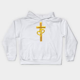 Golden 3-D look Cross with 2 Hearts Kids Hoodie